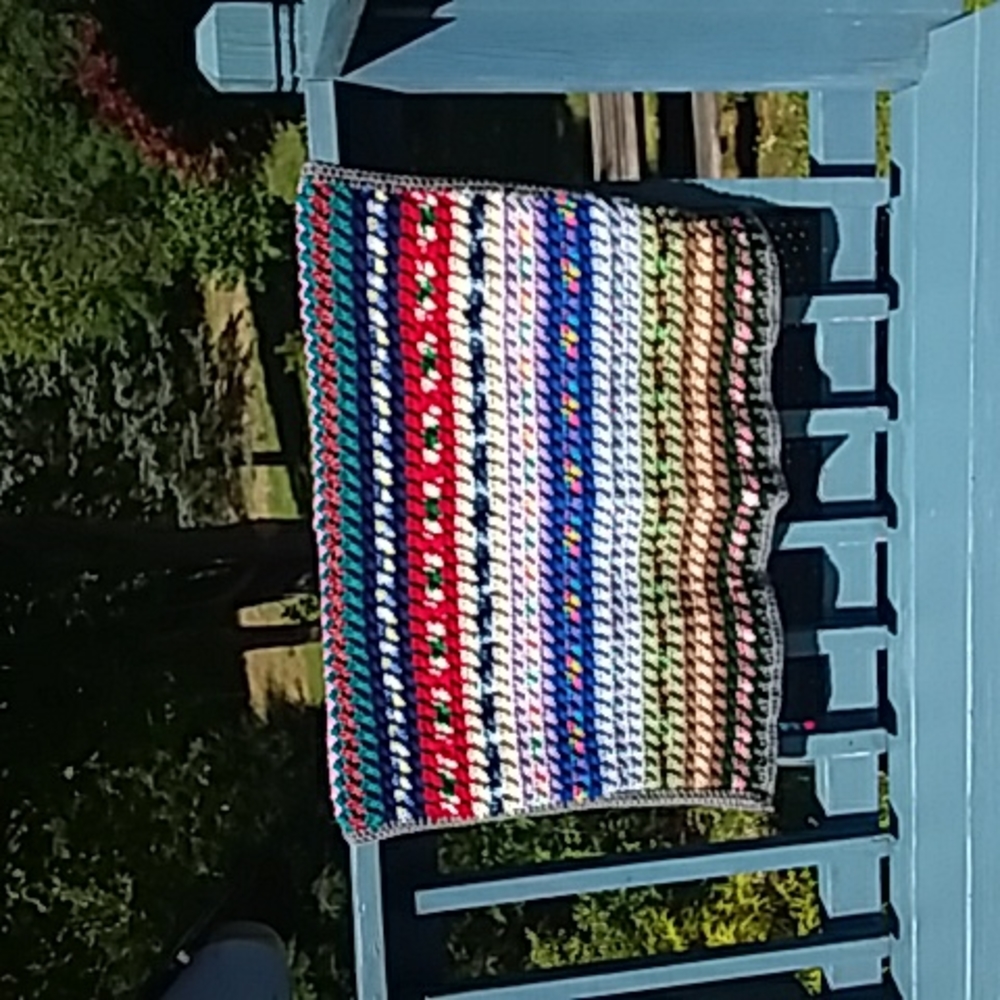 New Textured Crochet Afghan Blanket Muli-Colored Grey Trim